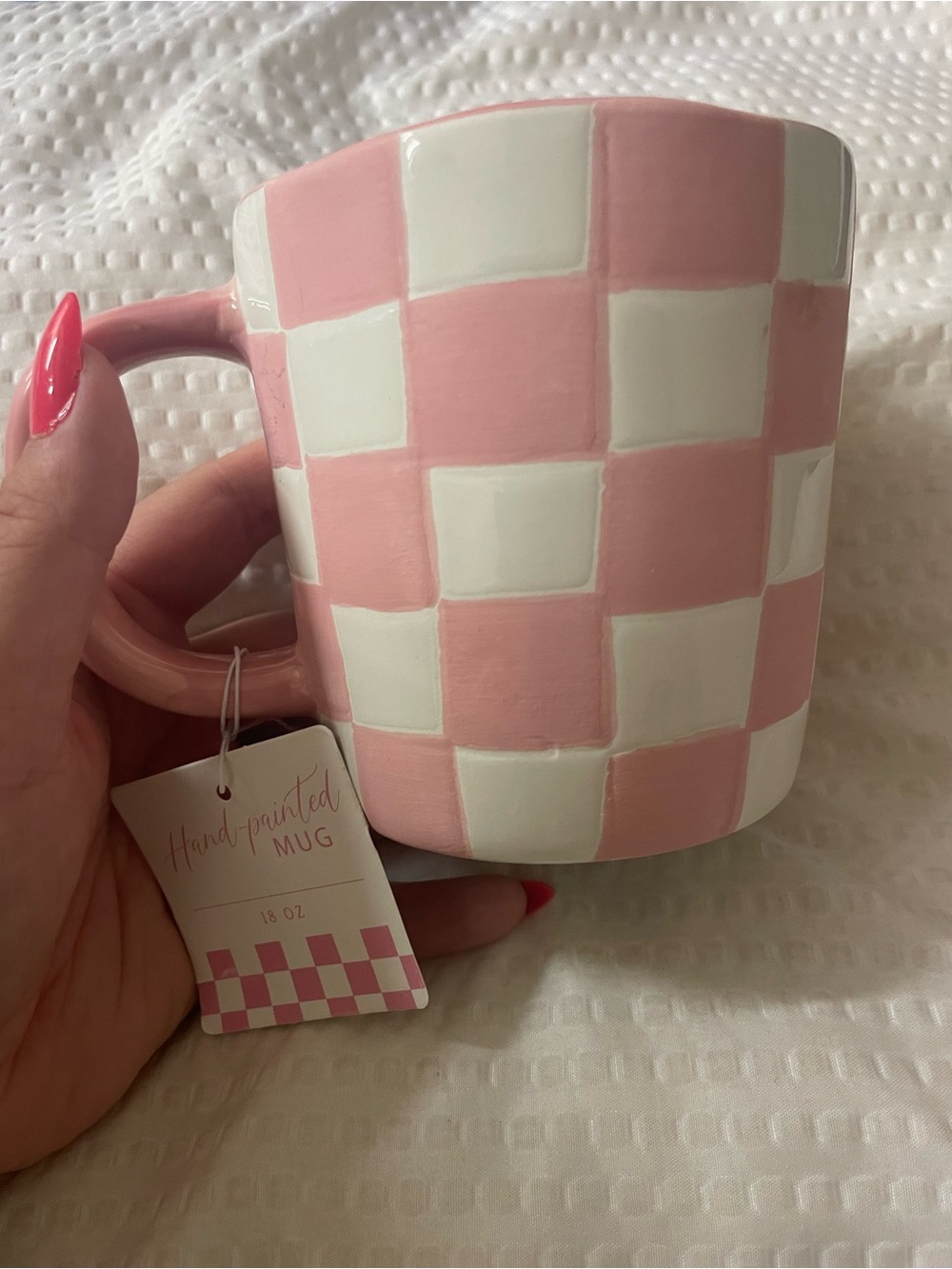 Hand-Painted Pink Checkerboard Ceramic Coffee Mug